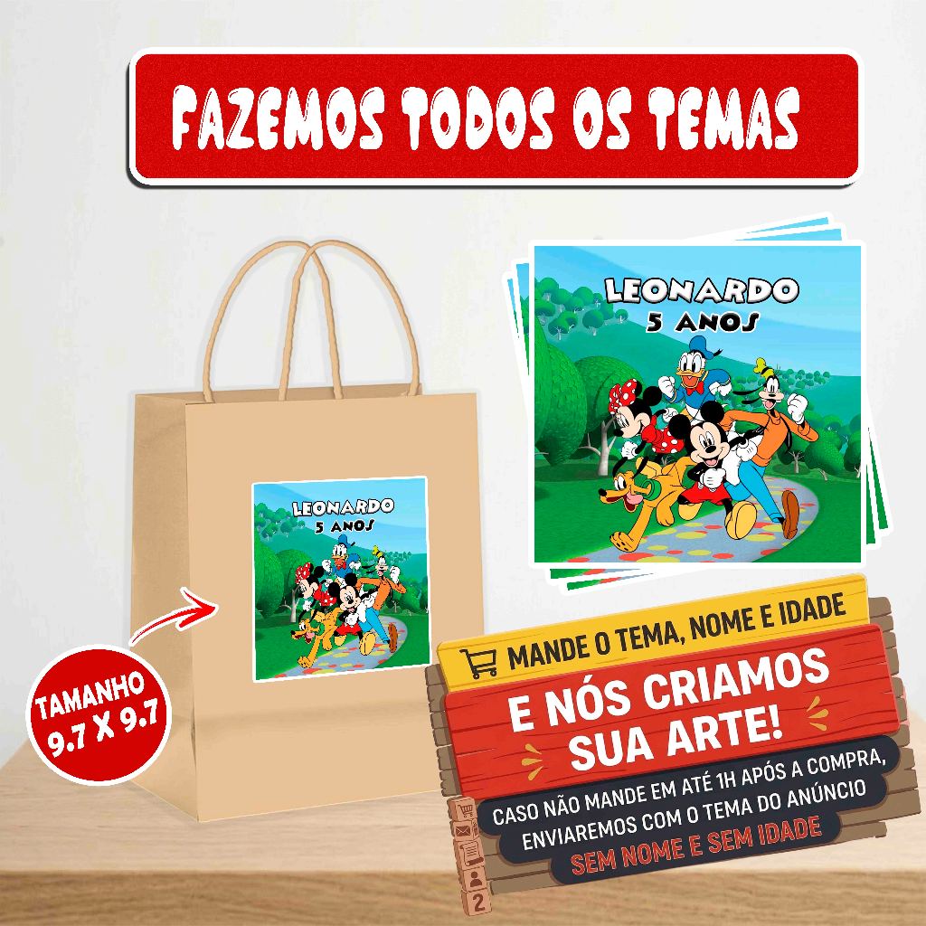 Rótulos Fofo TURMA DO MICKEY - Personalizado com Nome para Sacolas Kraft