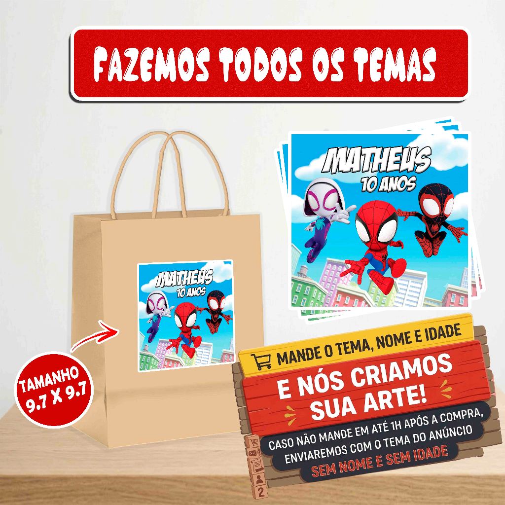 Adesivos Spidey E Seus Amigos Espetaculares - Personalizado com Nome para Sacolas Kraft