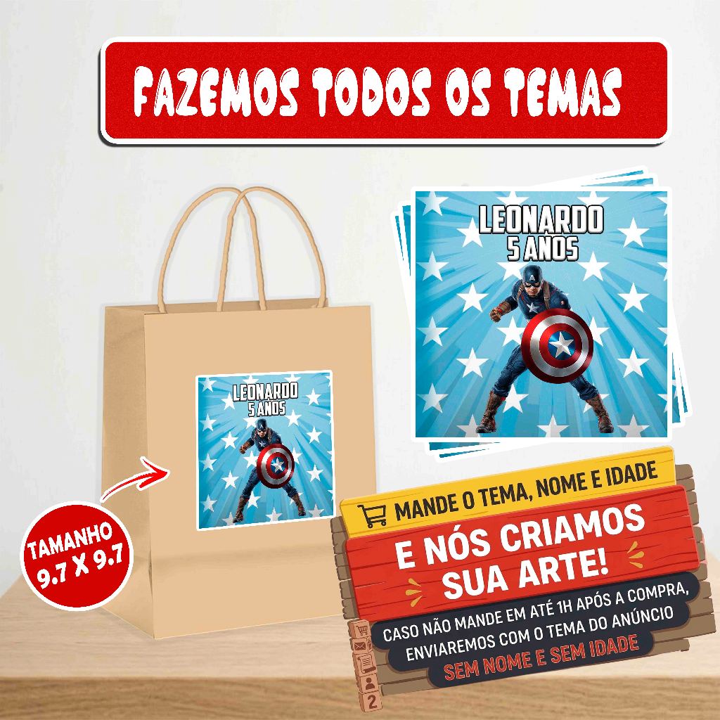 Rótulos Adesivos Capitão américa - Personalizado com Nome para Sacolas Kraft
