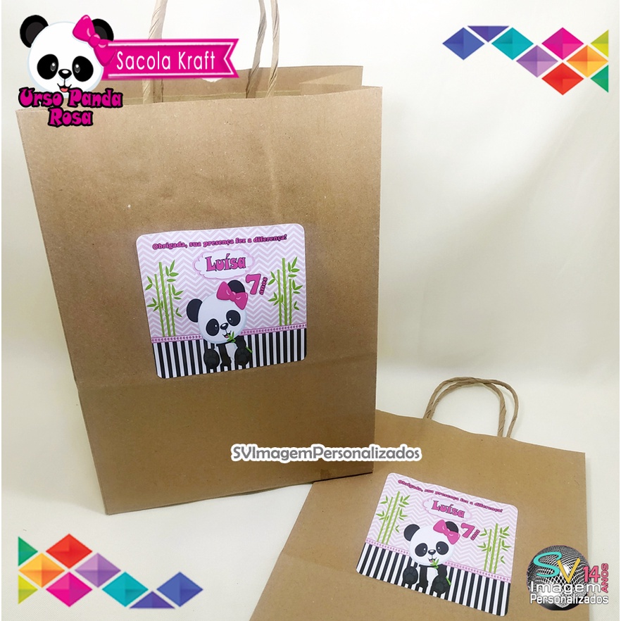 Sacola Kraft Personalizada Urso Panda Rosa com 10 unidades