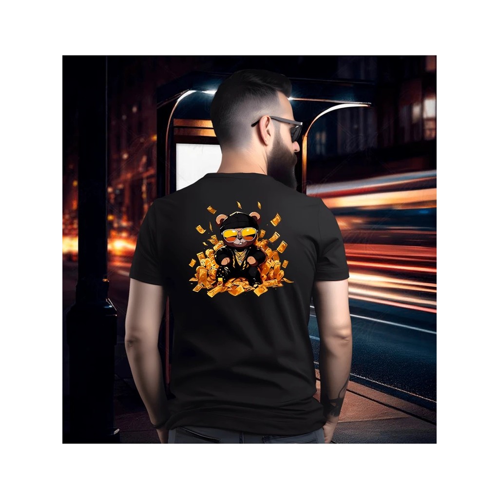 Camiseta básica masculina streetwear estampado urso dinheiro money frente e costa unissex tecido 100% algudão nova moda