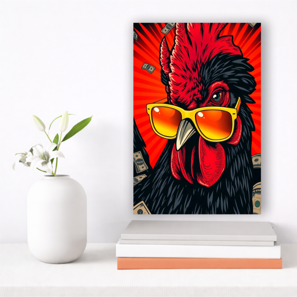 Quadro Decorativo Galinha Galo Dinheiro Money Estilo Óculos Zueiro Para Sala Quarto