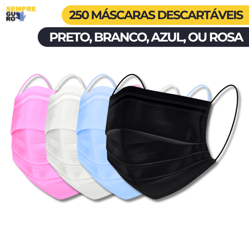 250Uni. Máscara Descartável Tripla Camada | Preto, Rosa, Azul e Branco