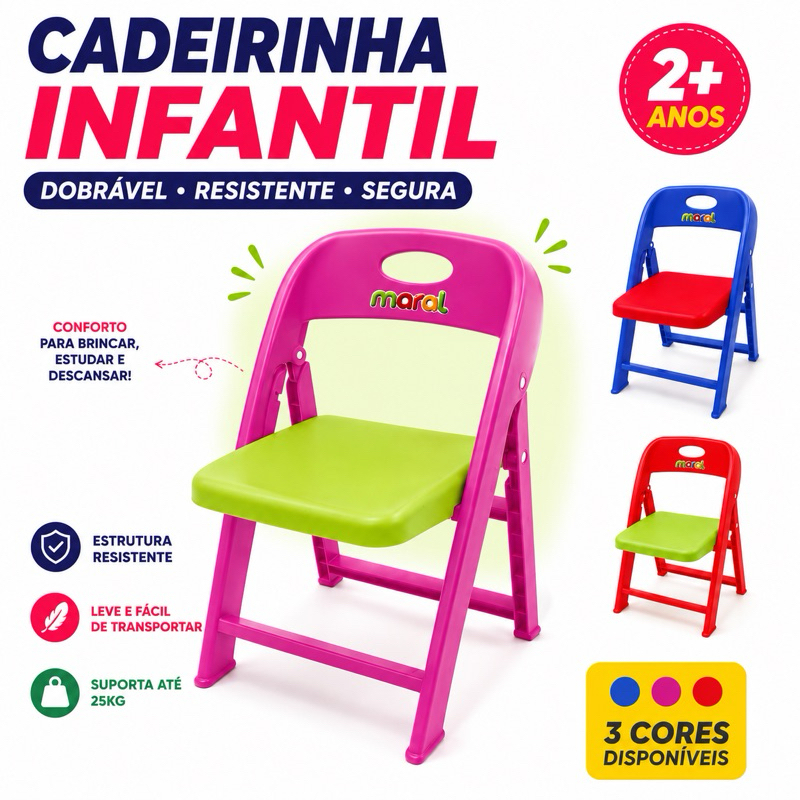 Cadeira Infantil Dobrável Portátil Resistênte Leve Nas Cores - Rosa, Azul ou Vermelha