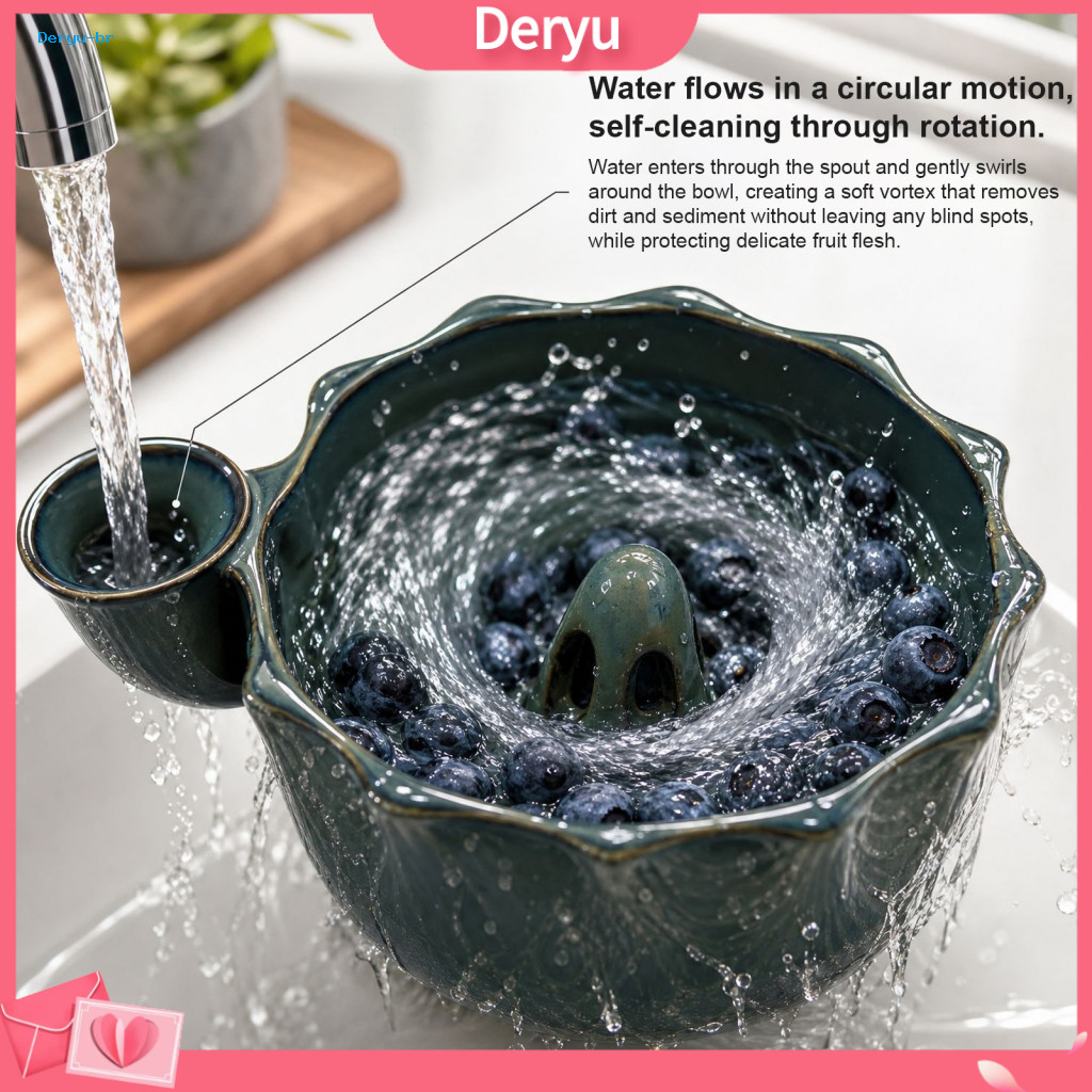 Drainer Bowl for Strawberries Kitchen Berry Washing Basin Ceramic with Side Pouring Spout Drain Holes Self-spinning Stra