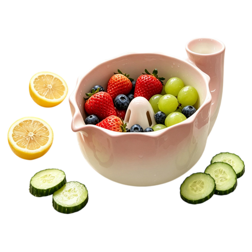 Ceramic Berry Bowl with Strainer Holes – Self-spinning Vortex Design Fruit Vegetable Rinse Basket for Easy Washing and