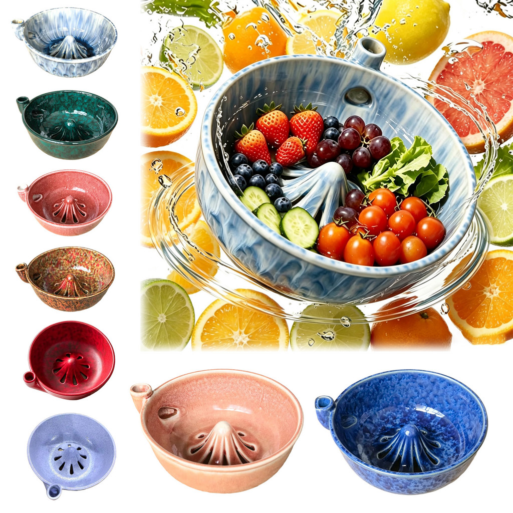 Ceramic Berry Swirl Self-spinning Fruit Vegetable Cleaner Bowl with Drain Holes – 360° Vortex Colander for Strawberri