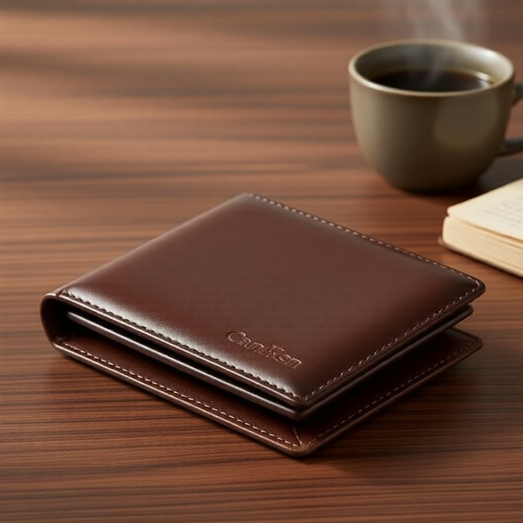 Carteira masculina compacta CarrKen em couro, cor sólida, letras em relevo, bifold minimalista, vários compartimentos