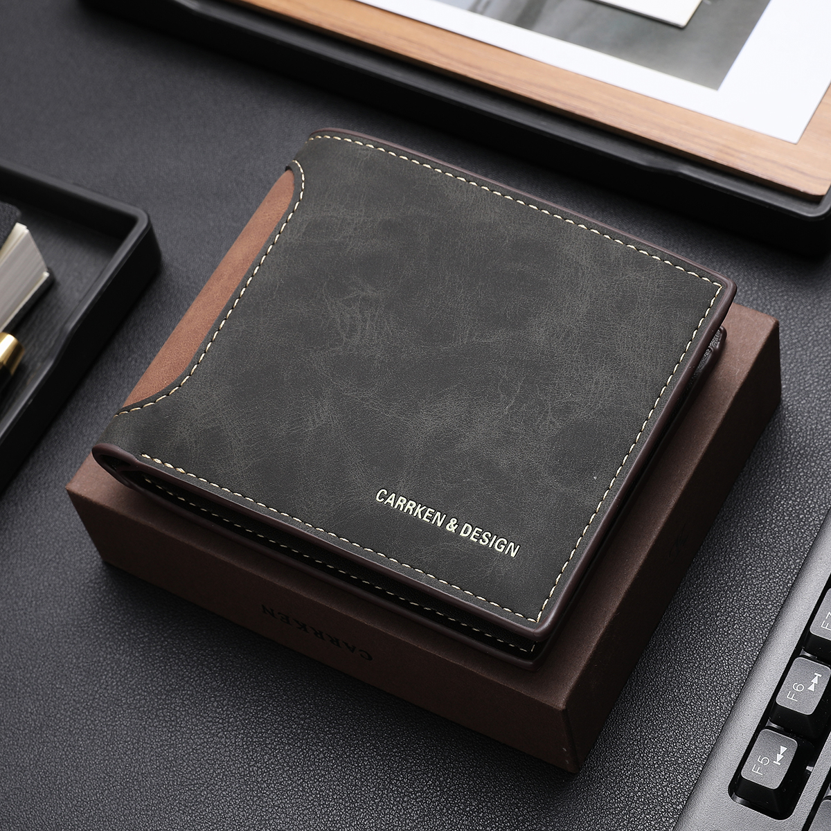 CarrKen Retro Couro Masculino Bifold Carteira Multi-Cartão Organizador Zíper Bolso De Moedas Moda Presente Para Ele