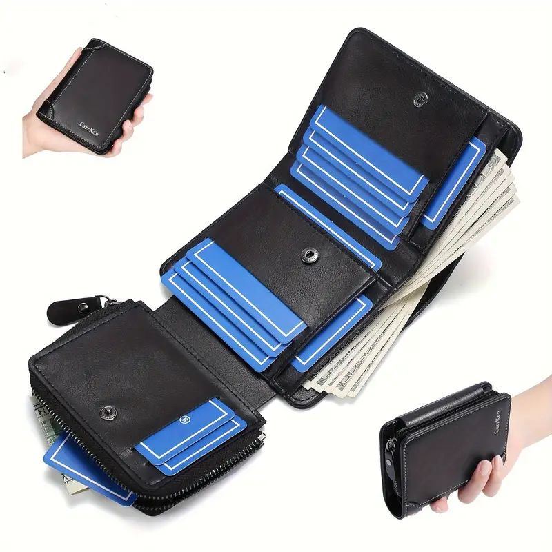 Carteira Masculina De Couro CarrKen Com Três Dobras E Porta-Cartões Curto Vintage Vários Bolsos