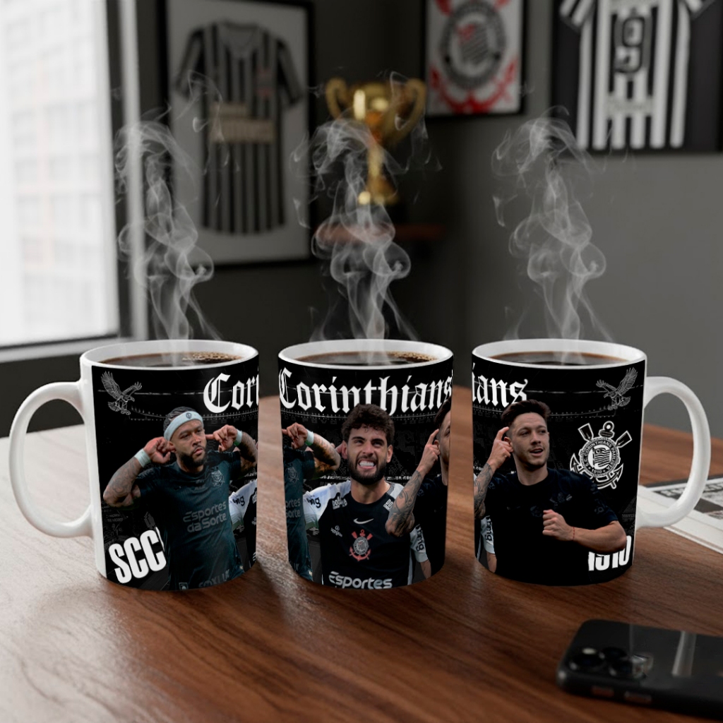 Caneca Corinthians Timão Futebol XícaraCopo Café Presente Cerâmica 325ml Yuri Alberto Memphis Garro