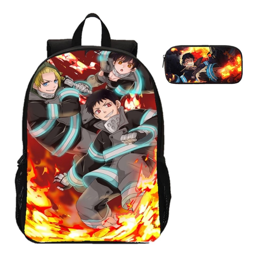 Kit Escolar Mochila com Estojo anime Fire Force Shinra Kusakabe.Anime Desenho Bombeiros