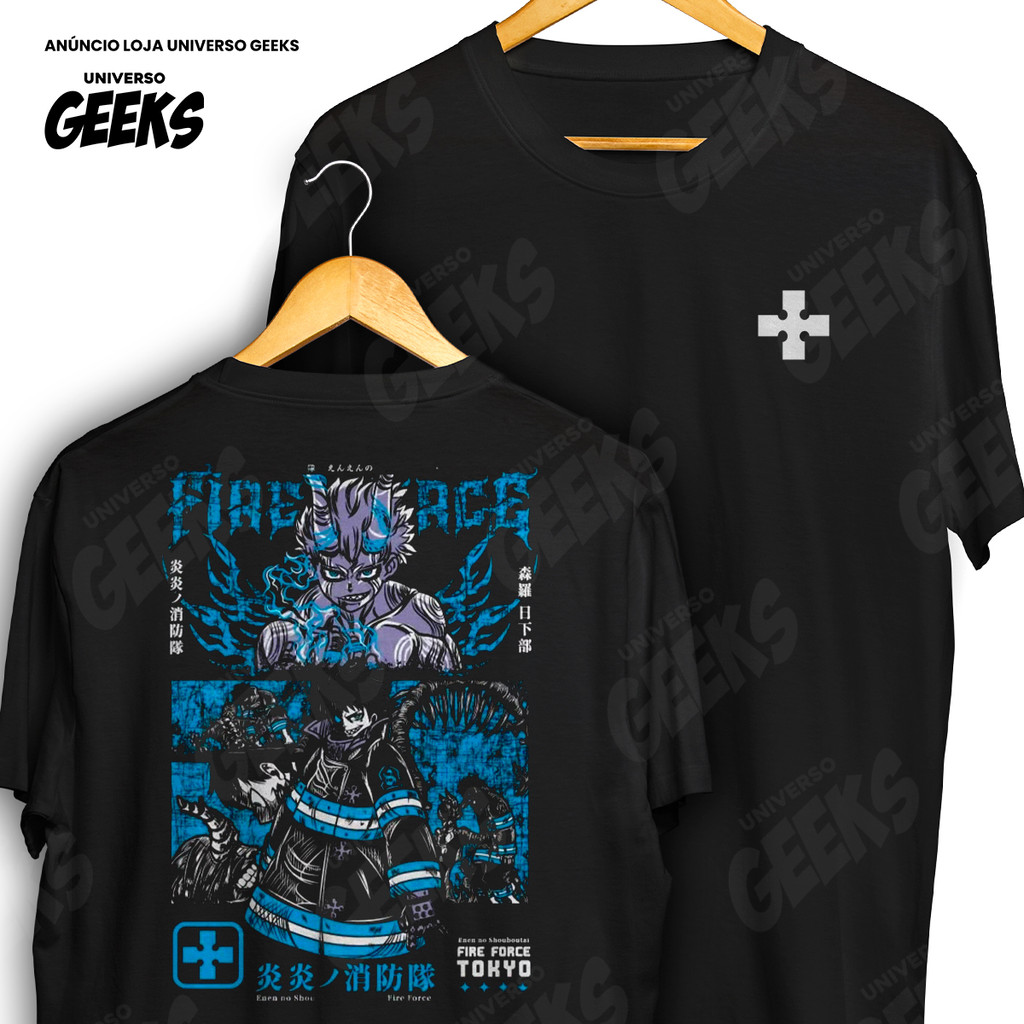 Camiseta Frente E Verso Shinra Kusakabe Fire Force Demonio Chamas Azuis Neon Camisa De Anime 100% Algodão