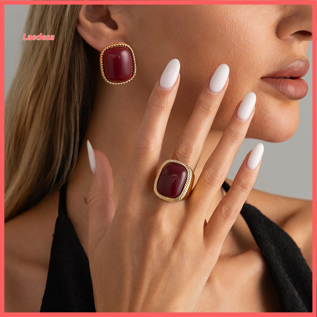 Square Stone Ring Adjustable Size Statement Vintage Women’s and Earrings Set Resin Retro Alloy Jewelry Multi-color Fas
