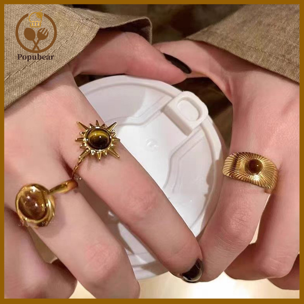 Electroplated Tiger Eye Stone Ring for Women Retro Flower Shape Adjustable Gold Geometric Wide Band Stylish Party Club f