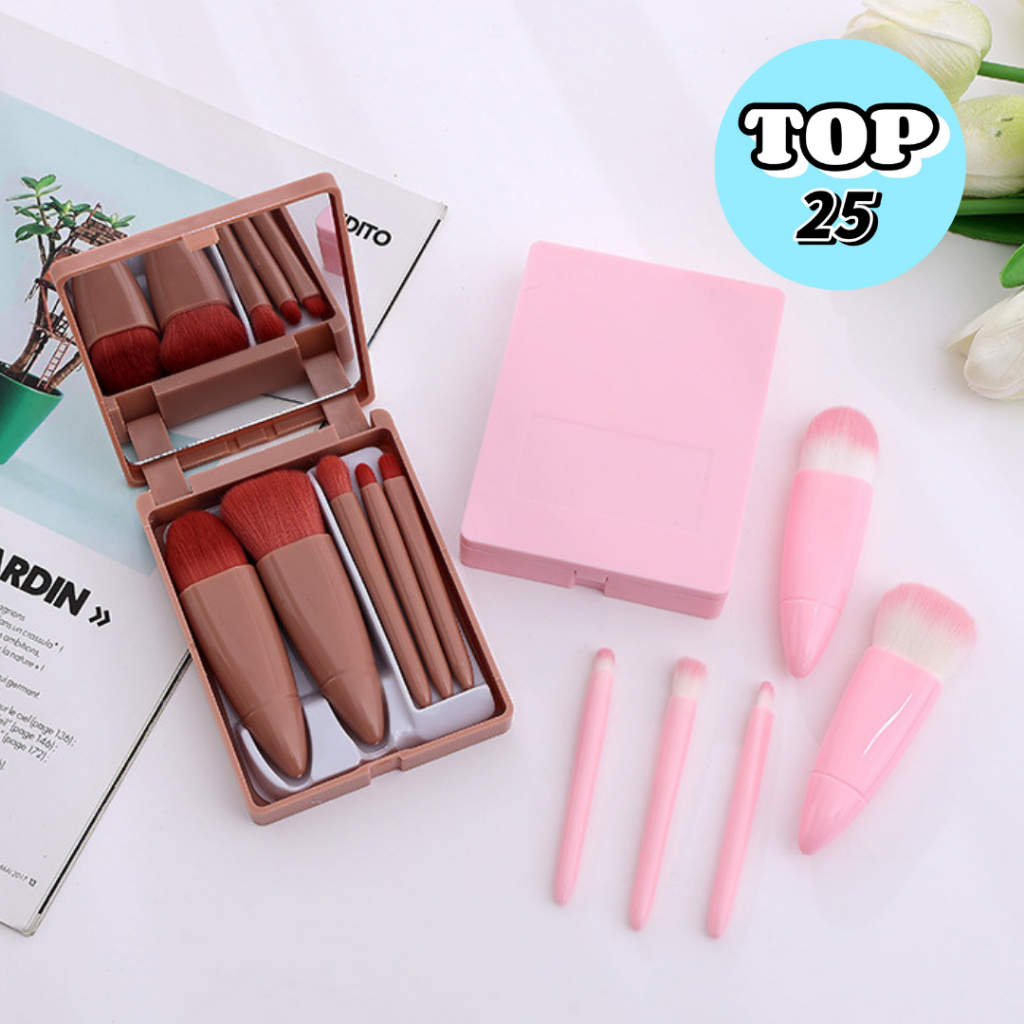 Top 25, Estojo De Maquiagem Com Espelho, Portátil. 5 Pincéis Para Base, Contorno, Pó, Kit Pincéis Para Finalização Rápid