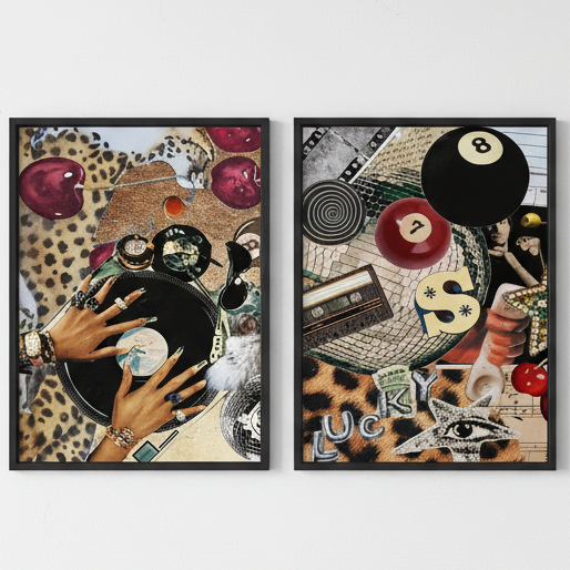 Quadros decorativos Cereja vermelha pinturas da sorte, 8 bolas, moda vintage (3 peças)