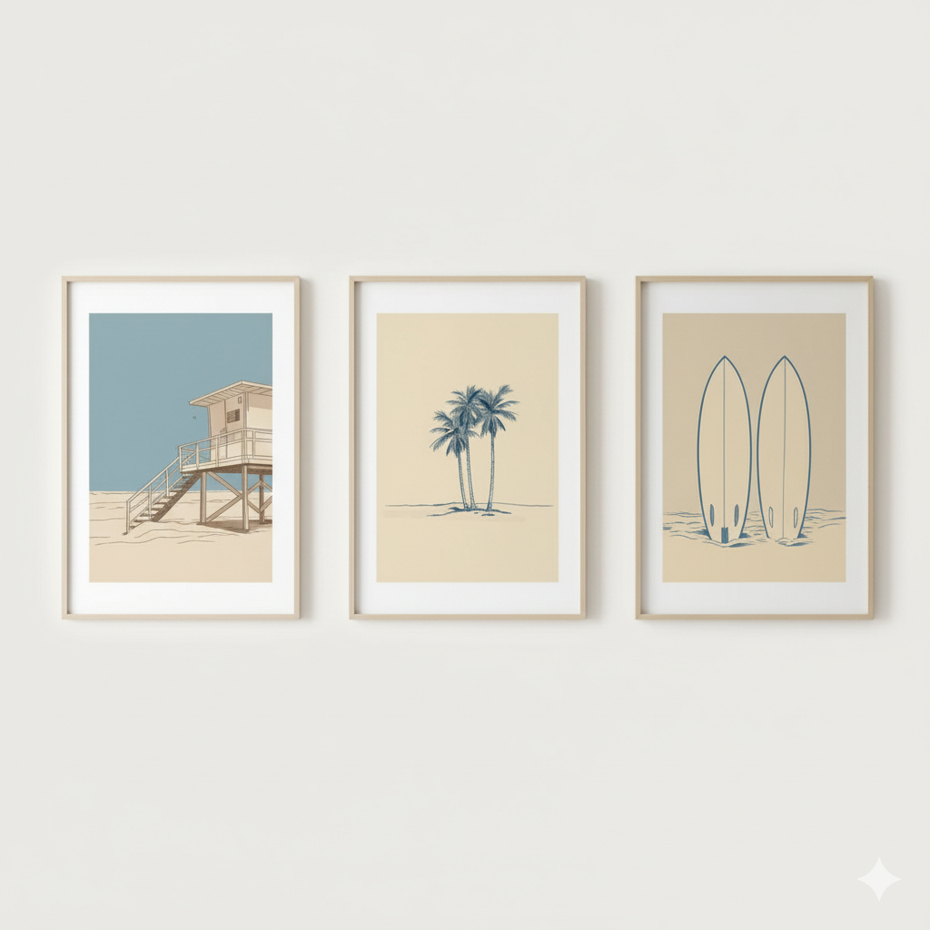 Quadros decorativos Vintage Palm Tree Beach Surf minimalista Sea Surf (3 peças)