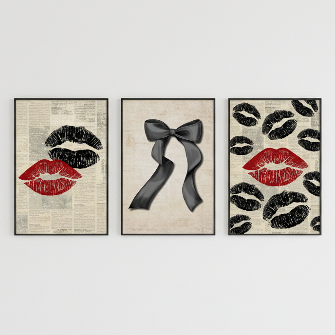 Quadros decorativos Beijos preto e vermelho e laços com fundo de jornal vintage e elegante (3 peças)