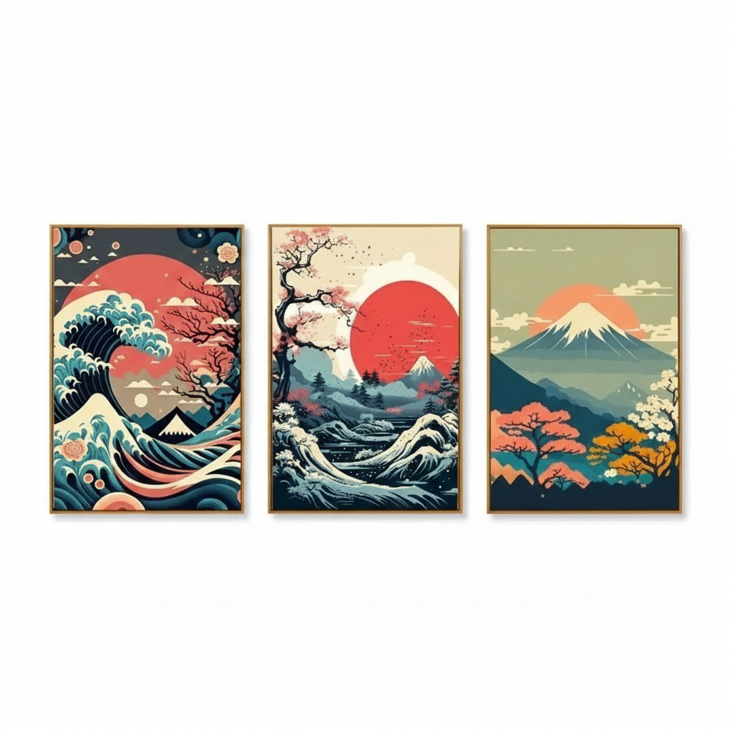 Quadro decorativo Vintage japonês natureza paisagem (3 peças 40x60)