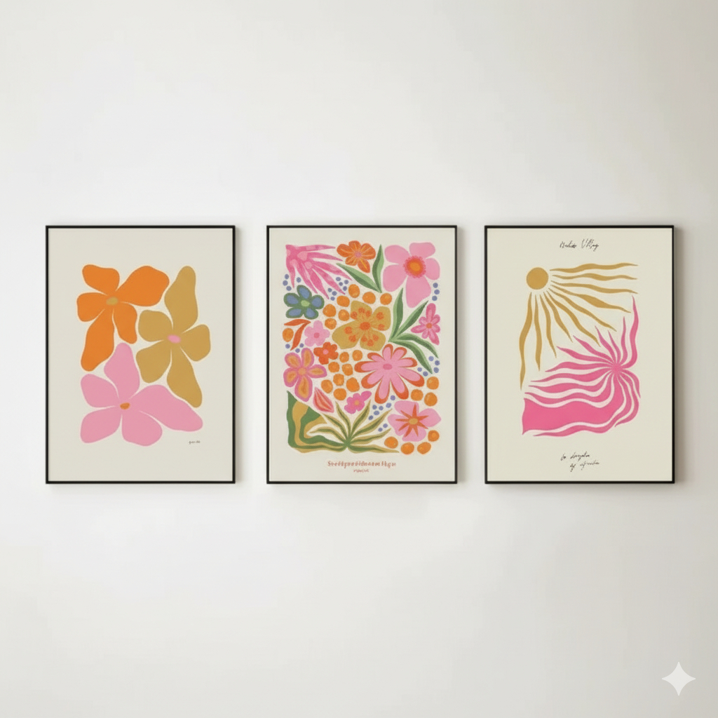 Quadros decorativos Estética Flor rosa do vintage (3 peças)