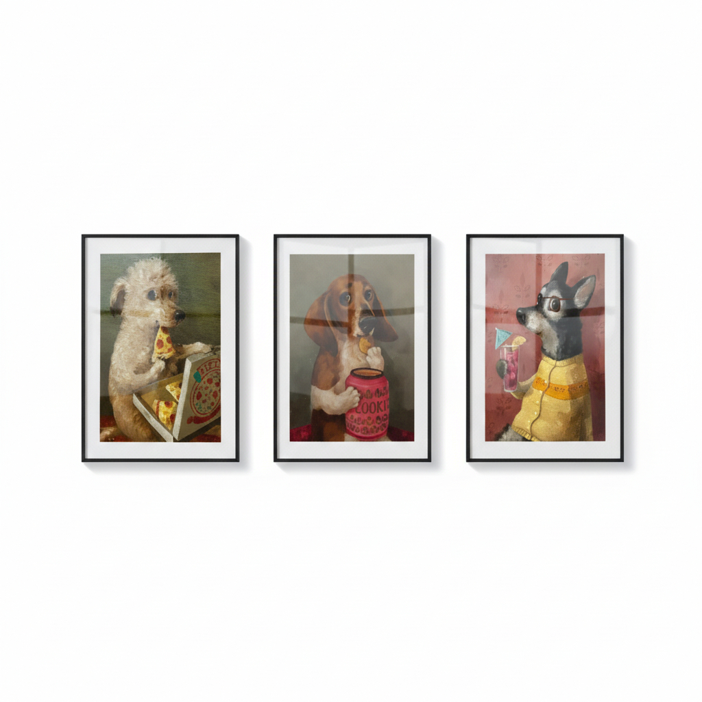 Quadros decorativos Engraçado e fofo cachorro comendo Vintage aesthetic (3 peças)