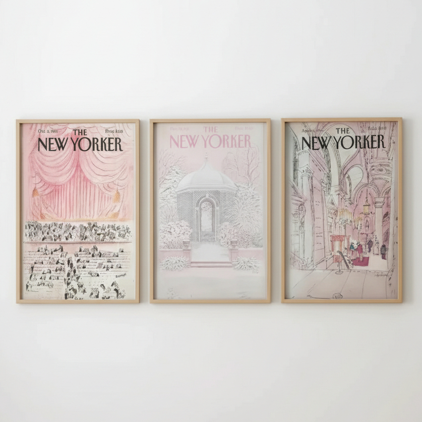 Quadros decorativos New Yorker capas vintage rosa pastel arquitetura (3 peças)