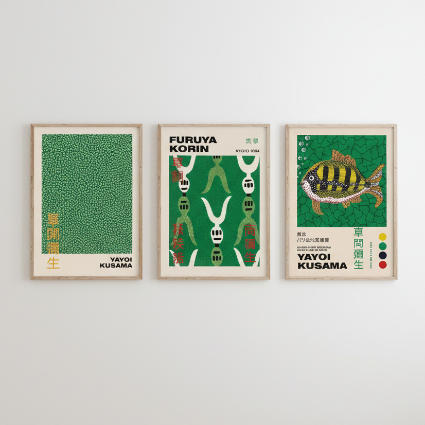 Quadros decorativos Arte japonesa verde vintage, yayoi kusama, furuya korin (3 peças)