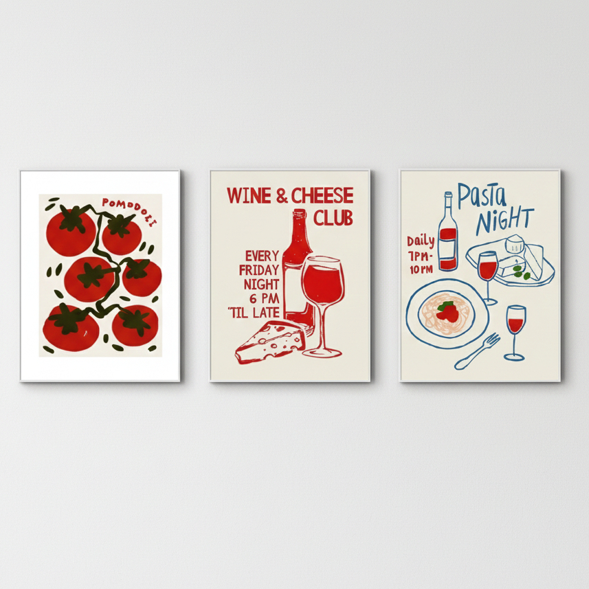 Quadros decorativos Desenho pintura moda vintage prato italiano e bebidas (3 peças)