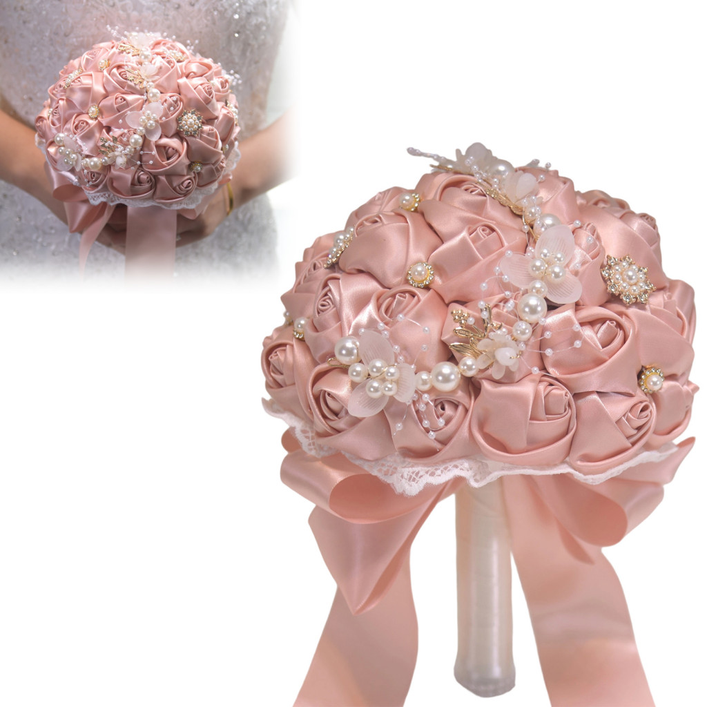 Artificial Silk Rose Bridal Bouquet with Chiffon Ribbon – Realistic Handheld Toss Flowers for Wedding Bridesmaids Rust