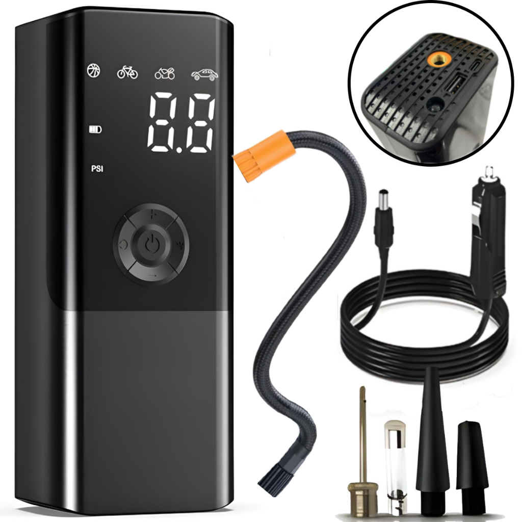 Compressor de Ar e PowerBank Portátil 12V 120W para Carro, Moto, Bicicleta, Bola