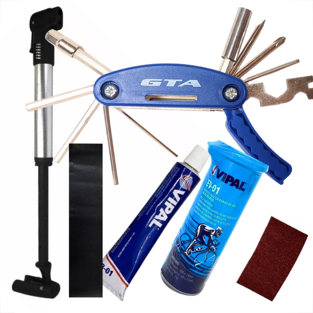 Kit Reparo Pneu Sem Câmara Bike com Bomba Bico Duplo Canivete 16 Funções e Macarrão