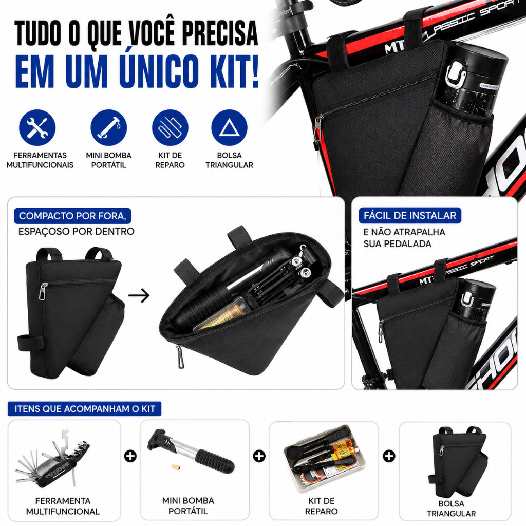 Kit 4 em 1 Bicicleta Bolsa de Quadro Bomba de Ar Ferramenta Multifuncional Reparo de Pneu