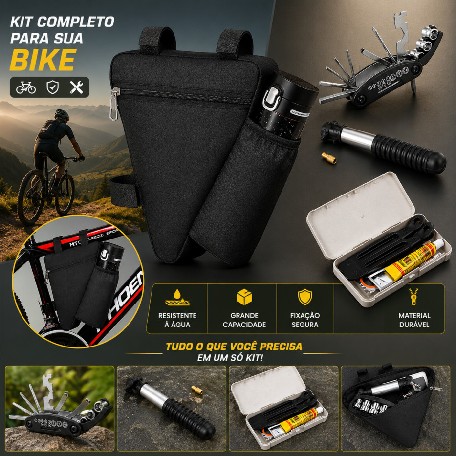 Bolsa de Quadro Bicicleta Grande Capacidade com Bomba Mini Ferramenta e Kit Reparo de Pneu