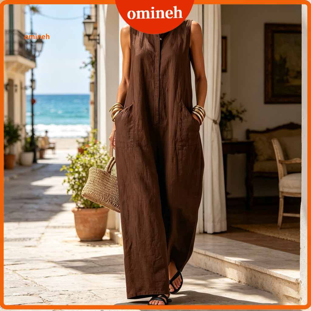 Women Jumpsuit Loose Fit Women’s Button-up with Stand Collar Wide Leg Rompers Summer One-piece Overalls Pockets – fo