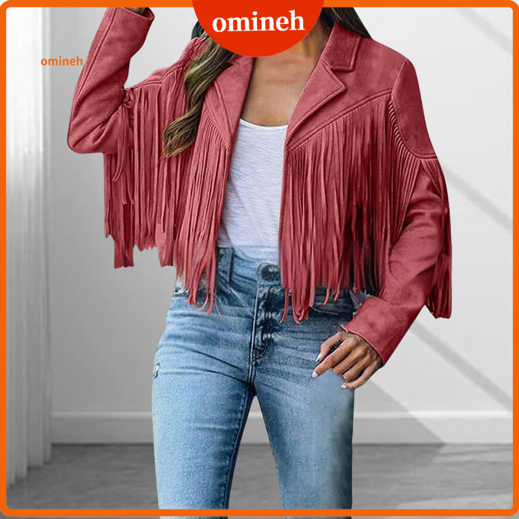 Tassel Jacket Women with Tassels Women’s Long Sleeve Turn-down Collar Coat Fringe Detail Solid Color Cardigan Loose Fi