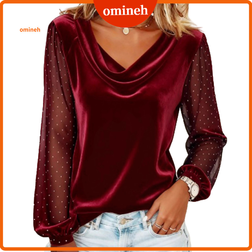 Mesh Sleeve Blouse Women Tops Women’s Velvet Long Top Loose Fit Pullover with Shiny Drill Decor Swing Collar for Work