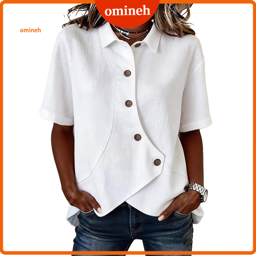 Relaxed Fit Women Blouse Breathable Top Women’s Summer Shirt Lapel Collar Short Sleeve Irregular Button Placket Loose
