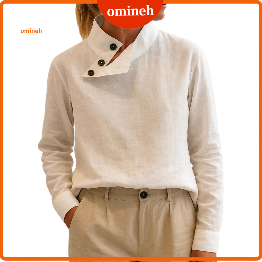 Women Blouse Pullover Tops Women’s Long Sleeve Top Stand Collar with Bevel Button Neckline Loose Fit Solid Color for W