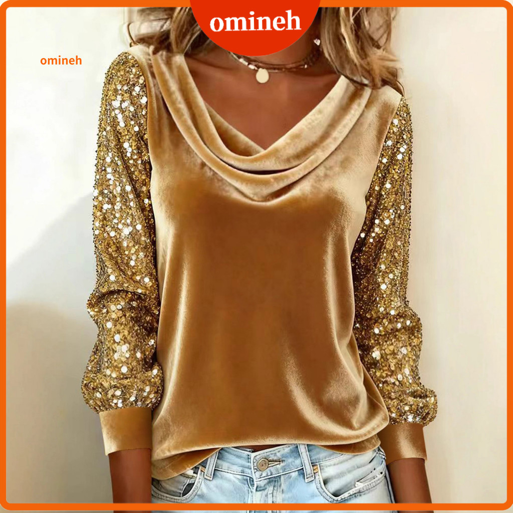 Women Blouse Sparkling Women’s Velvet Sequined with Piled Collar Long Sleeves Stretchy Loose Fit Top for Party Work Da