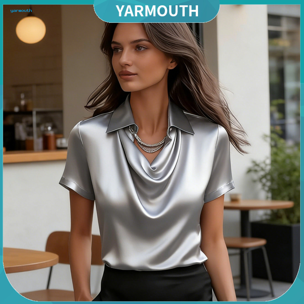 Women Tops Shirt Women’s Satin Short Sleeve Loose Fit Summer Top with Lapel Collar Smooth Lightweight Blouse for Wear