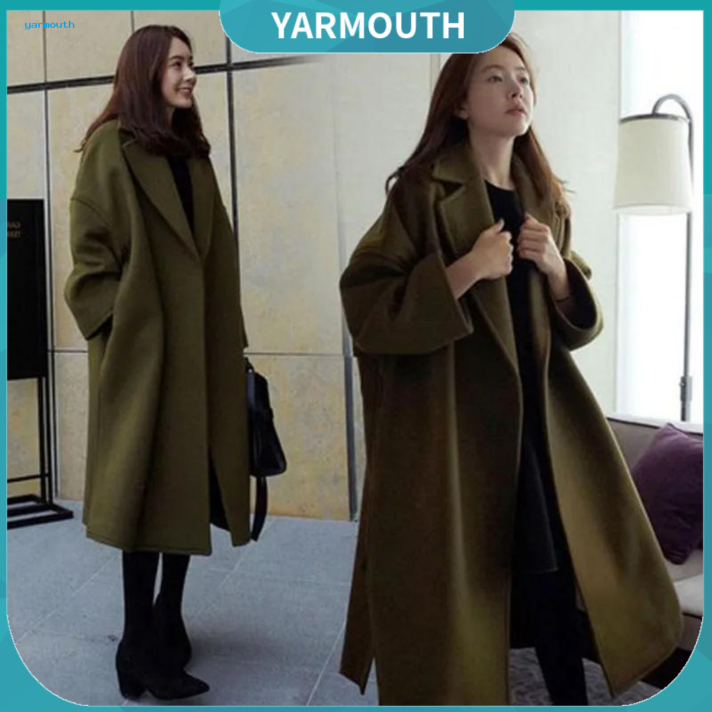 Loose Fit Mid-length Jacket Women Solid Color Women’s Woolen Mid-calf Coat with Turn-down Collar Long Sleeve Warm Ther