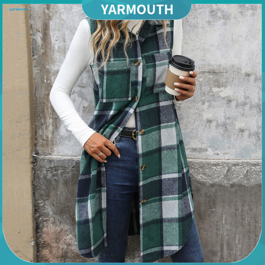Jacket Women’s Plaid Long Vest with Breast Pockets Turn-down Collar Single-breasted Mid-length Waistcoat Loose Cardiga