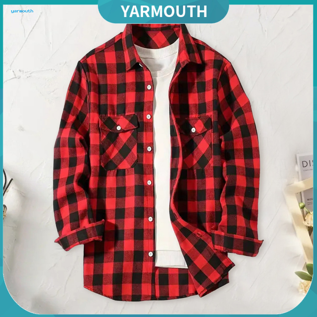 Men Shirt Button-down Men's Fall Winter Plaid Jacket Long Sleeve Loose Fit with Chest Pocket Turn-down Collar Single-bre