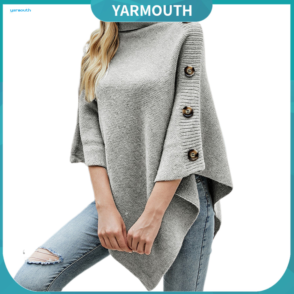 Women Sweater Coat Knitted Cape Style Women’s High Collar Solid Color Loose Fit Top with Button Decoration Commuting C