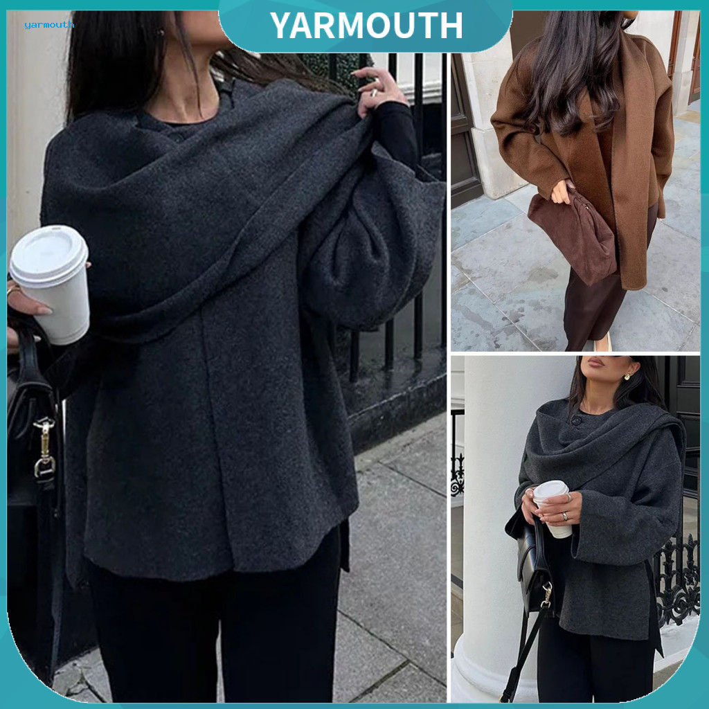 Solid Color Coat Women V-neck Jacket Women’s V Neck Long Sleeve Cardigan with Scarf Loose Fit Short Shawl Collar Outer