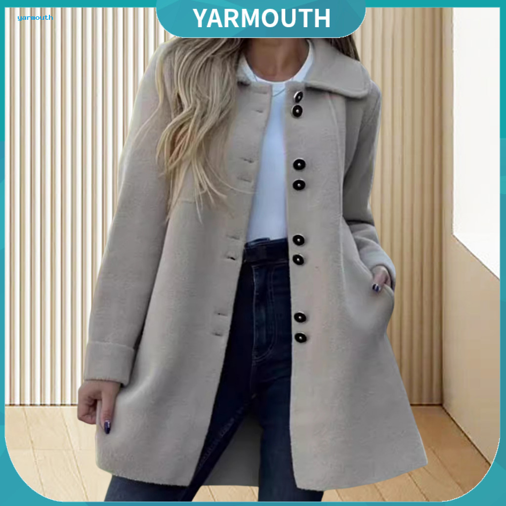 Solid Color Women Jacket Women’s Fall Winter Woolen Lapel Collar Long Sleeves Loose Fit Overcoat Streetwear for Wear W