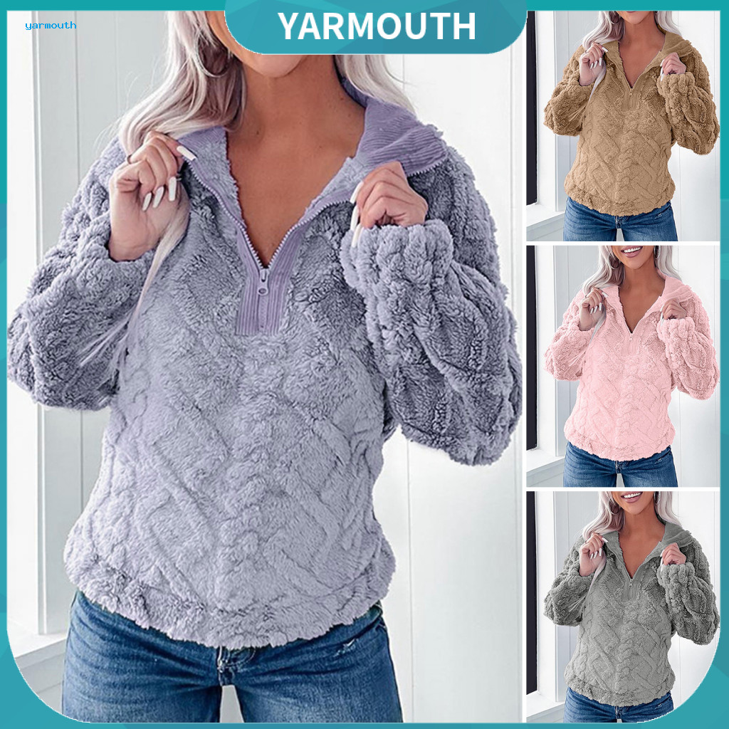 Jacquard Sweatshirt Women Loose Fit Winter Women’s Zippered with Turn-down Collar Plush Thick Long Sleeve Top Rhombus