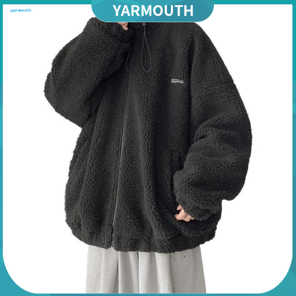 Loose Fit Men Jacket with Pockets Zippered Stand-up Collar Coat Men's Autumn Winter Thickened Warm Drawstring for Cold