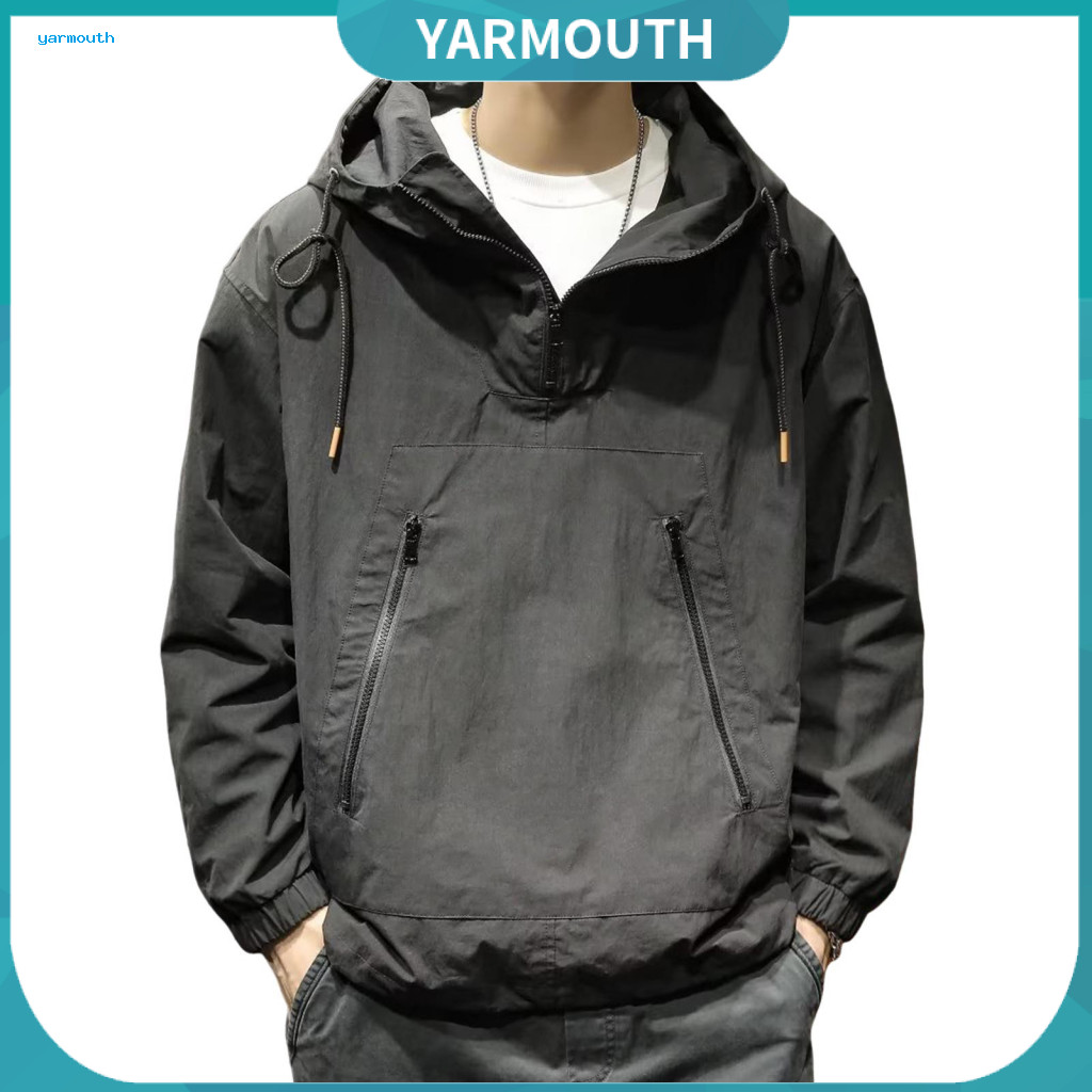 Versatile Trench Coat with Half-zip Collar Men's Lightweight Hood Zipper Pockets – Casual Loose Fit Long Sleeve Jacket